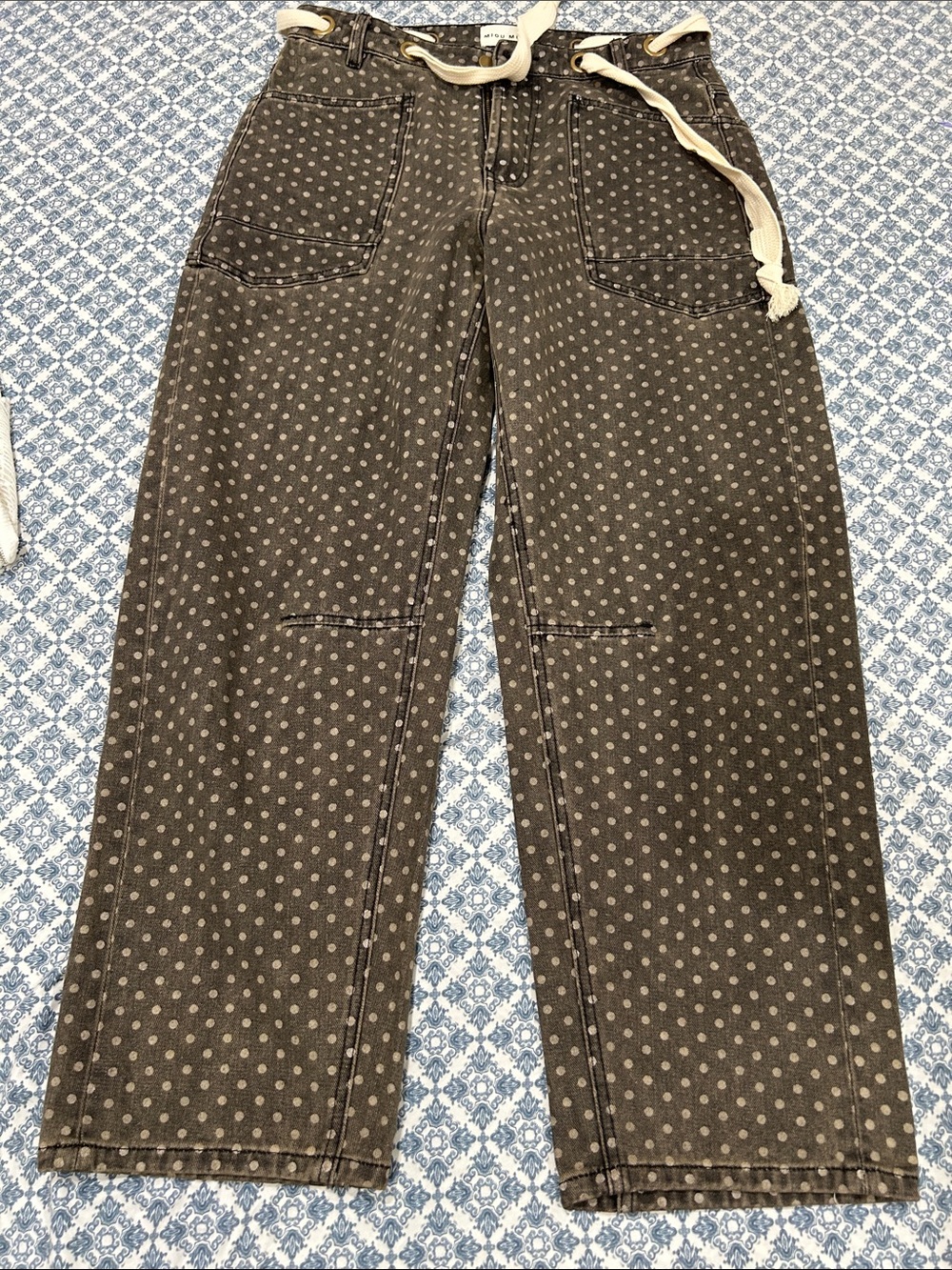 Wide-Leg Brown Polka Dot Cargo Jeans for Women